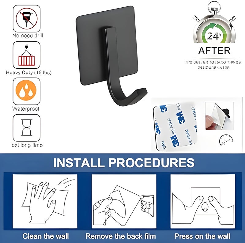 JIALTO 4 pcs Self-Adhesive Stainless Steel Hooks: Heavy-Duty Wall Hangings, Waterproof & Drill-Free - Strong Towel, Coat, and Kitchen Hooks for Bathroom and Kitchen (matt j Hook Black) - Image 4