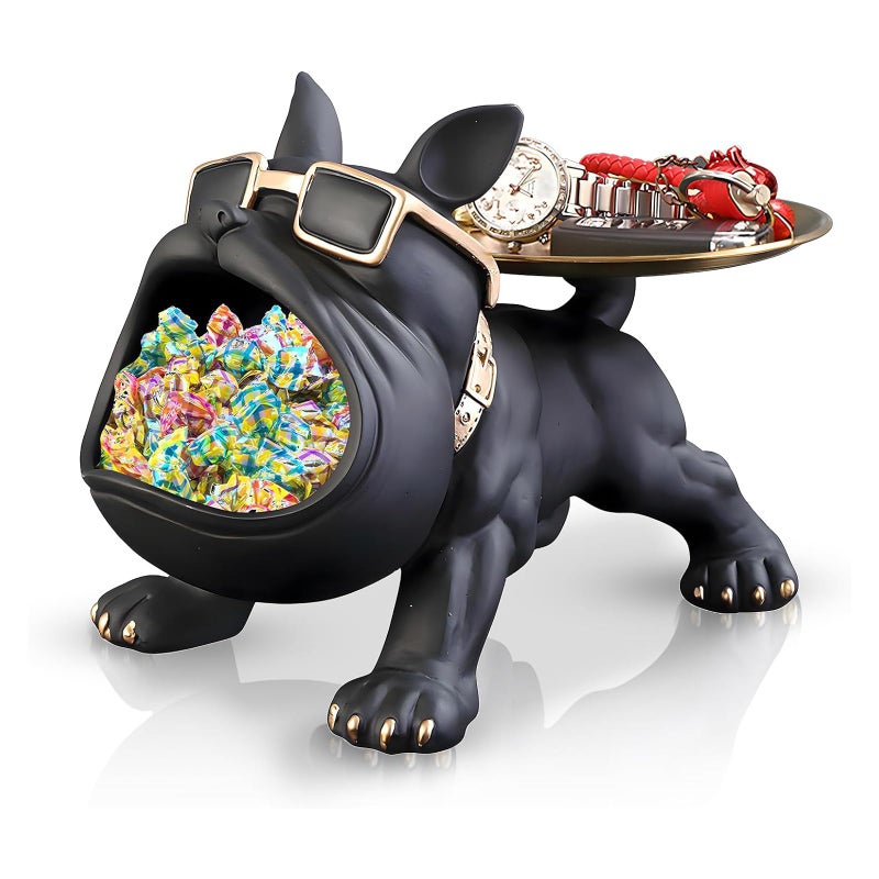 Huhote Resin French Bulldog Tray Statue, Bulldog Candy Dish Key Holder Bowl, French Bulldog Accessories, Statues for Office Desk Home Decor Figurines Entryway Table Decor (Black) - Image 1
