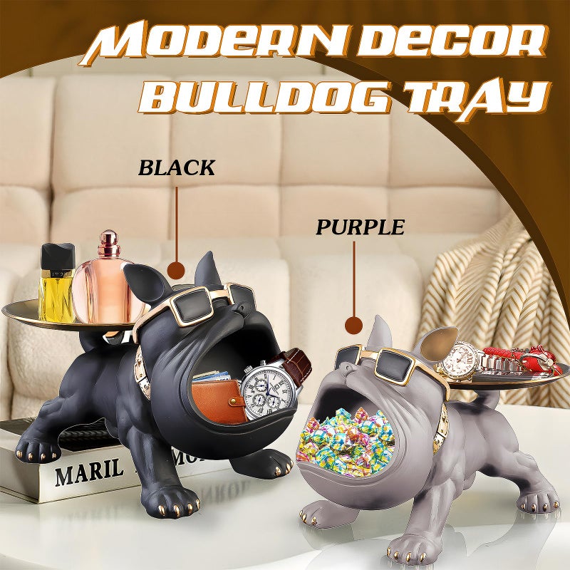 Huhote Resin French Bulldog Tray Statue, Bulldog Candy Dish Key Holder Bowl, French Bulldog Accessories, Statues for Office Desk Home Decor Figurines Entryway Table Decor (Black) - Image 2