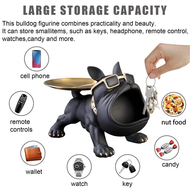 Huhote Resin French Bulldog Tray Statue, Bulldog Candy Dish Key Holder Bowl, French Bulldog Accessories, Statues for Office Desk Home Decor Figurines Entryway Table Decor (Black) - Image 3