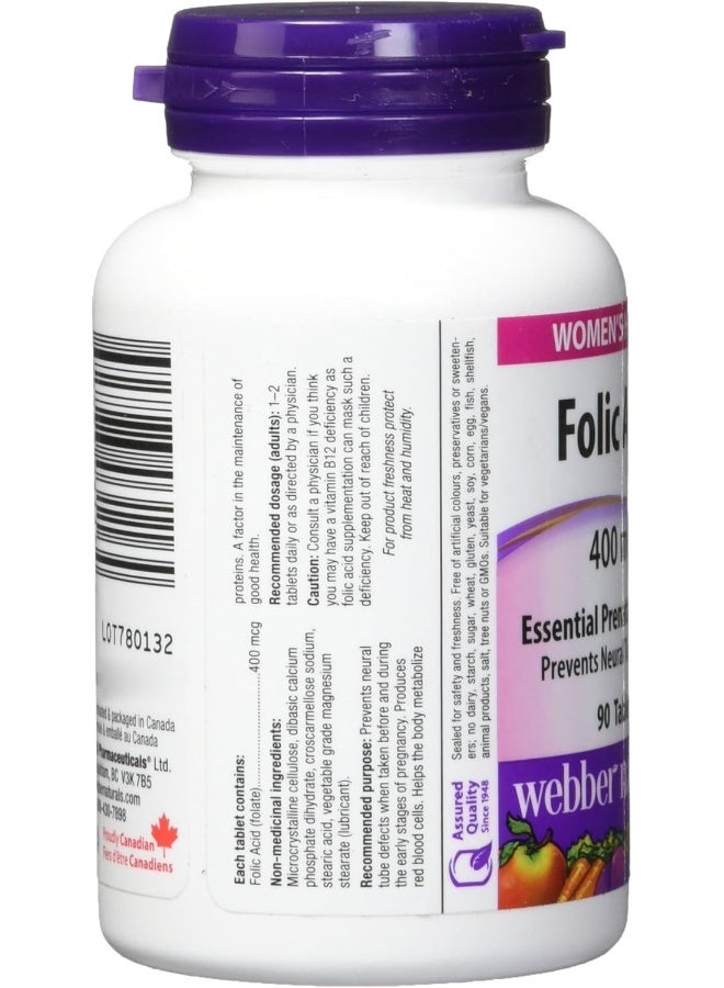 Webber naturals Folic Acid 400 Mcg Supports Prenatal Health, Red Blood Cell Formation And Heart Health 90 Tablets - Image 2