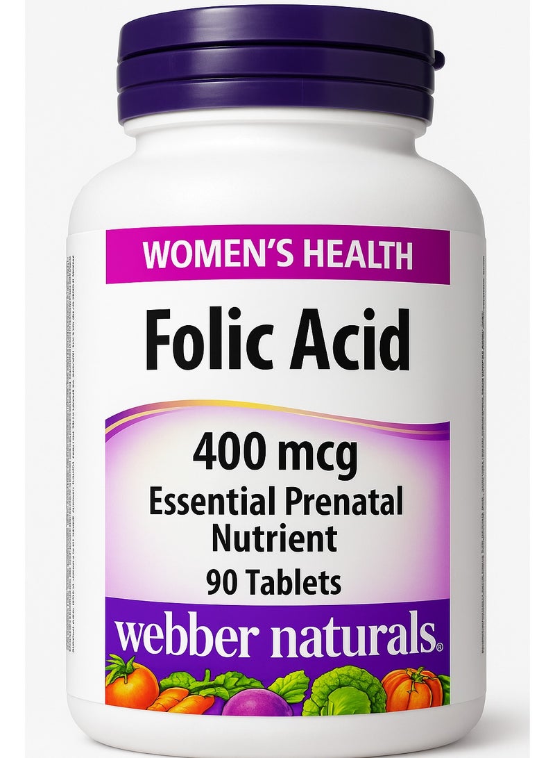 Webber naturals Folic Acid 400 Mcg Supports Prenatal Health, Red Blood Cell Formation And Heart Health 90 Tablets - Image 1