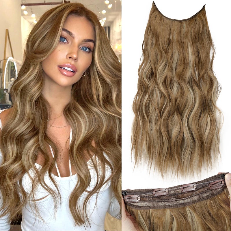 KooKaStyle Invisible Wire Hair Extensions with Transparent Headband Adjustable Size 4 Secure Clips Long Wavy Secret Wire Hairpiece 20 Inch for Women(Ash Brown with Beach Blonde) - Image 1