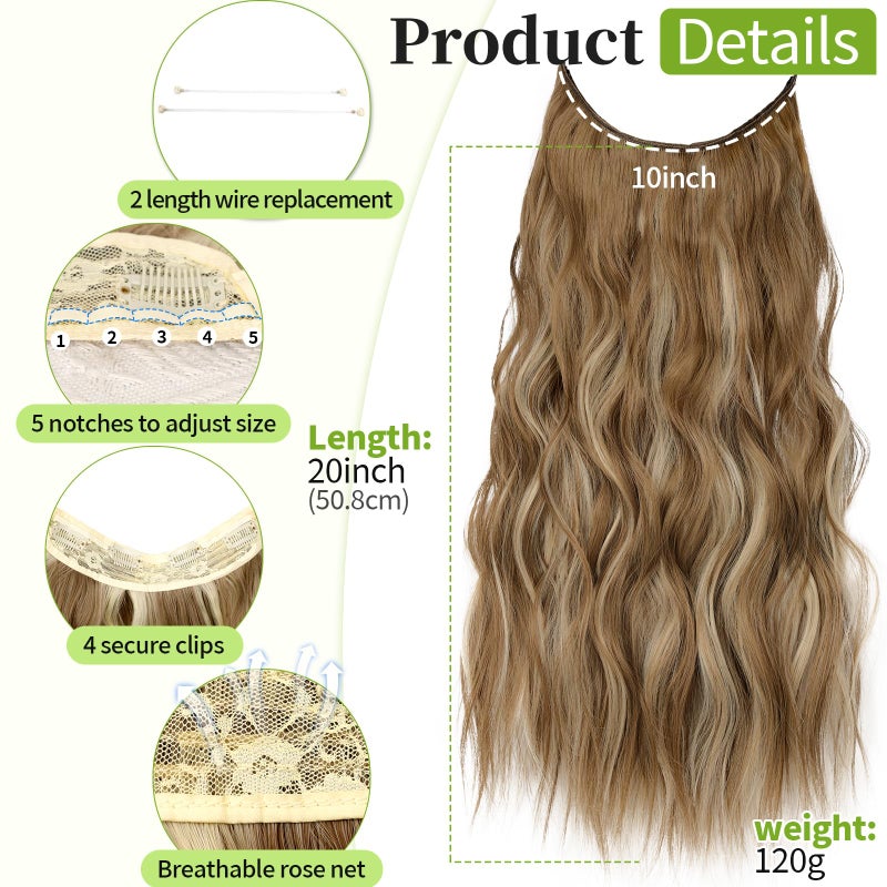 KooKaStyle Invisible Wire Hair Extensions with Transparent Headband Adjustable Size 4 Secure Clips Long Wavy Secret Wire Hairpiece 20 Inch for Women(Ash Brown with Beach Blonde) - Image 2
