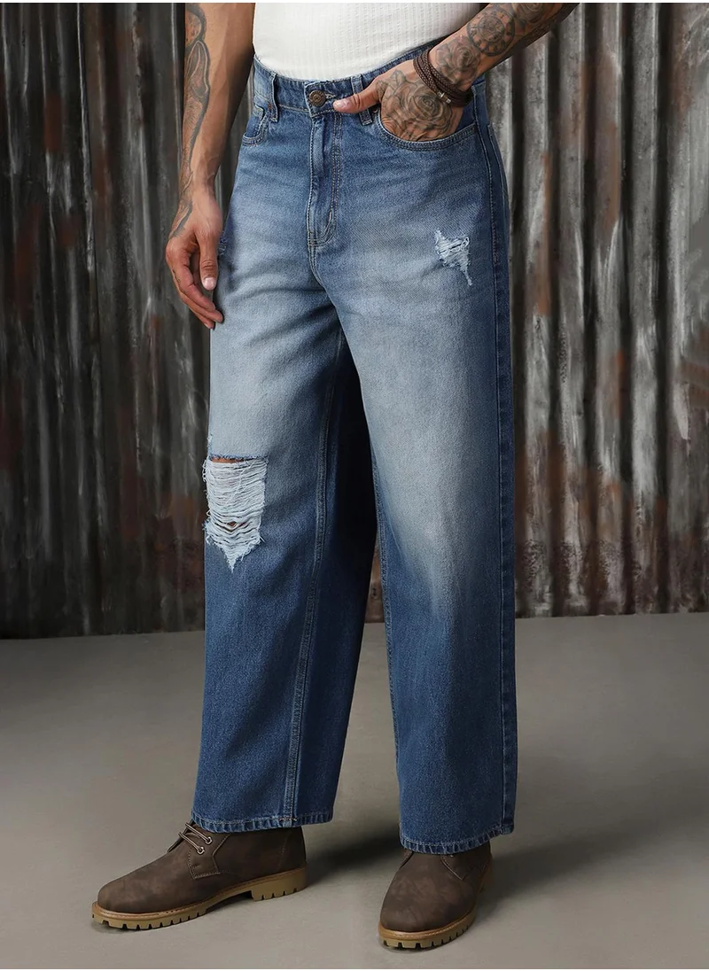 HIGH STAR Men's Indigo 100% Cotton Distressed Full Length Loose Fit Jeans