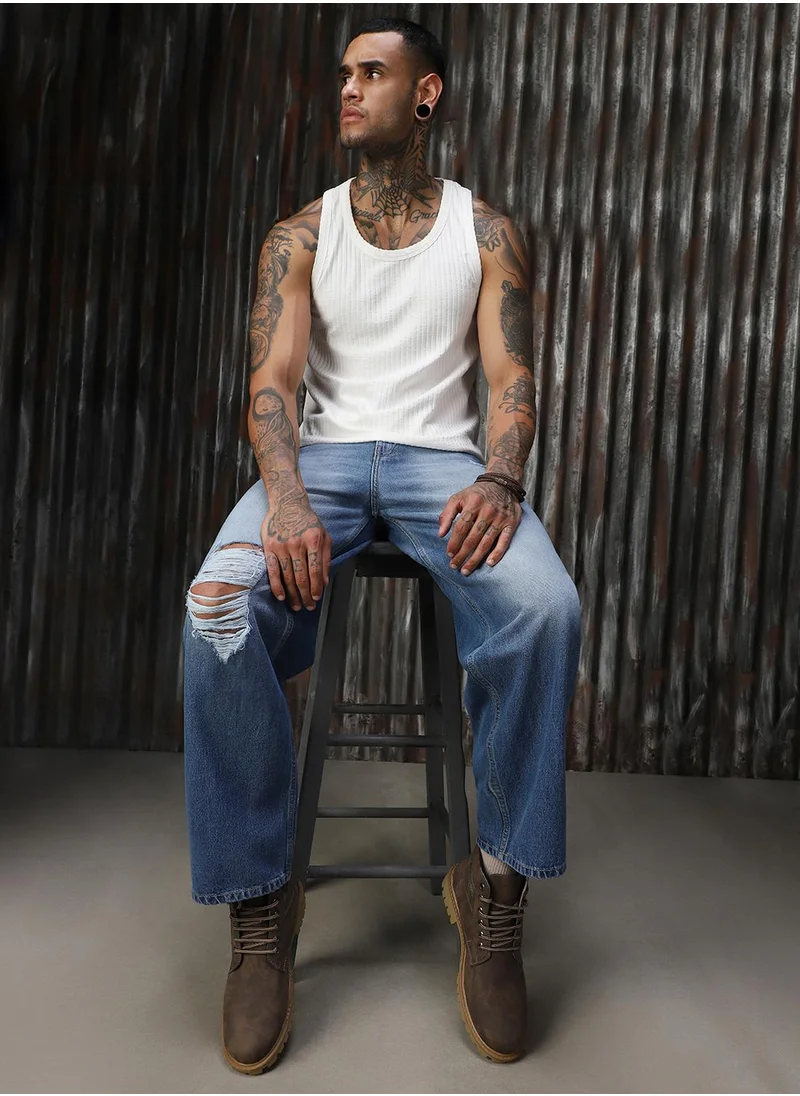 HIGH STAR Men's Indigo 100% Cotton Distressed Full Length Loose Fit Jeans