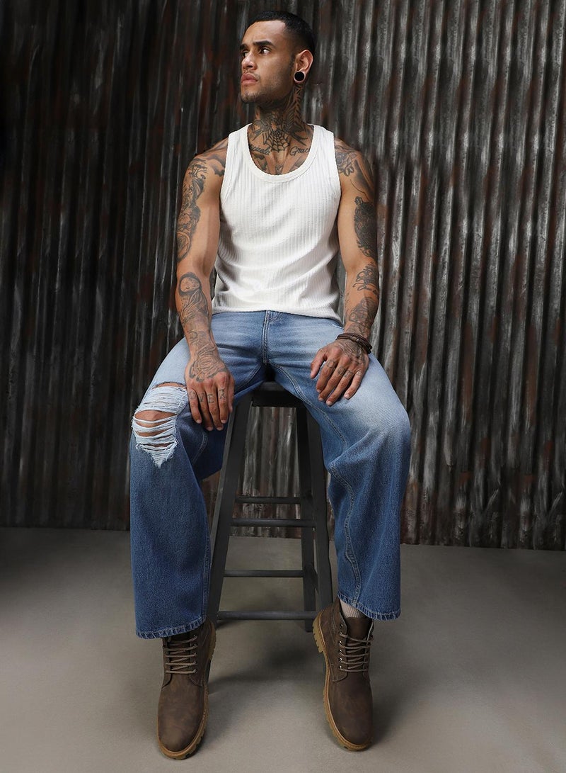HIGH STAR Men's Indigo 100% Cotton Distressed Full Length Loose Fit Jeans - Image 1