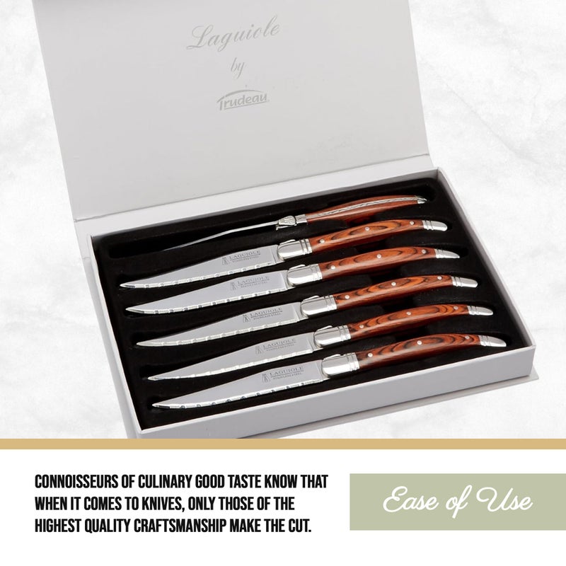 Trudeau Laguiole Steak Knives Set of 6 â€“ Premium Stainless Steel Serrated Blades with Pakkawood Handles â€“ Dishwasher Safe Steak Knife Set for Dinner, BBQ, or Gifting â€“ Rustic Elegant Design - Image 2