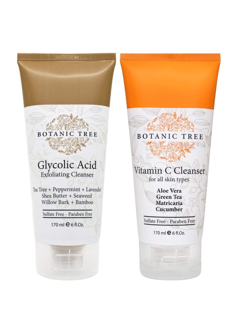 Botanic Tree Botanic Tree Double Face Wash Kit  Gentle Facial Cleanser Set of Glycolic Acid Exfoliator Facewash And Vitamin C Cleanser for Women Men  Natural Exfoliating Scrub Set for Oily Dry Sensitive Skin 