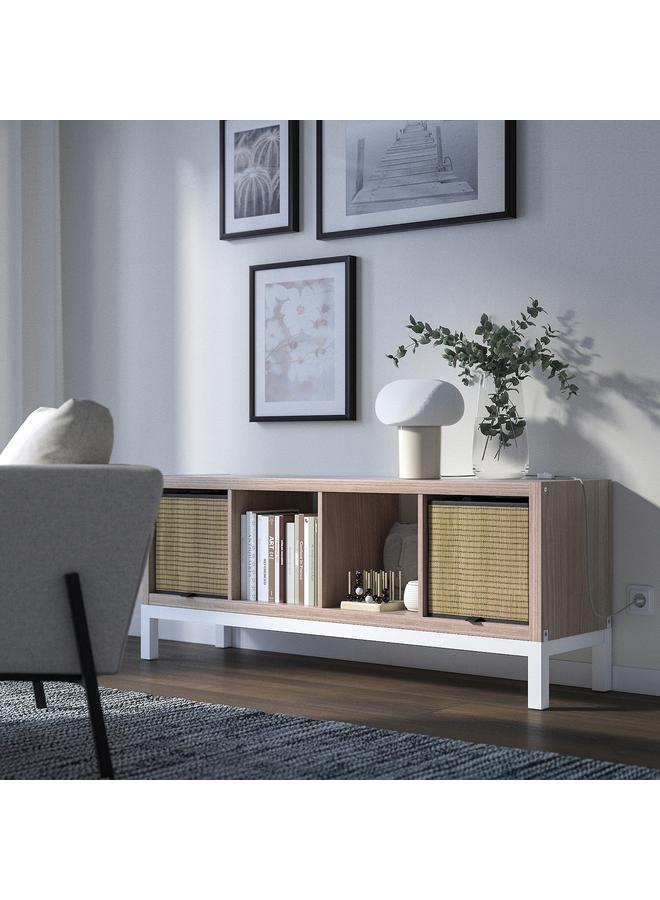 زبون وحدة رفوف مع إطار سفلي، لون الجوز/رمادي فاتح أبيض، 147×59 سم - Image 2