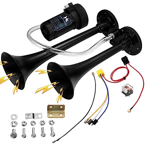 HK 150db Super Loud Dual Trumpet Air Horn Kit with Compressor for Vehicles, Trucks, Trains, Boats - 12V, Black - Image 1