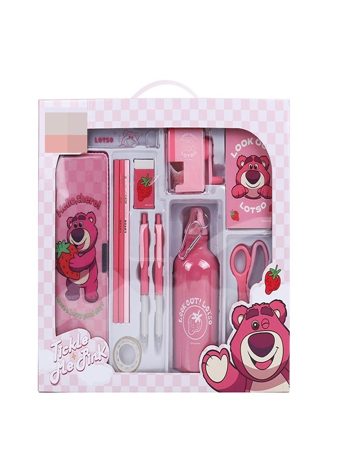 Strawberry Bear Stationery Gift Set for Elementary Middle School Students Includes Pencil Case Sharpener Scissors Ruler Eraser Water Bottle Pencils Notebook Tape Ballpoint Pens - Image 1