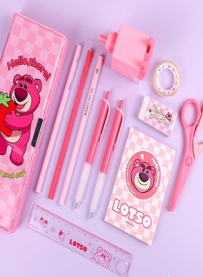 Strawberry Bear Stationery Gift Set for Elementary Middle School Students Includes Pencil Case Sharpener Scissors Ruler Eraser Water Bottle Pencils Notebook Tape Ballpoint Pens - Image 2