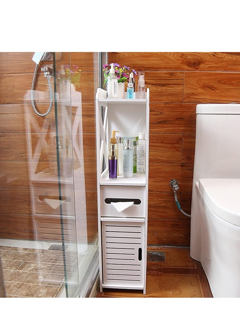FFD Small Bathroom Storage Corner Cabinet - Narrow Floor Cabinet with Doors & Shelves, Thin Toilet Vanity Organizer, Towel Storage & Paper Holder, White  - Image 1