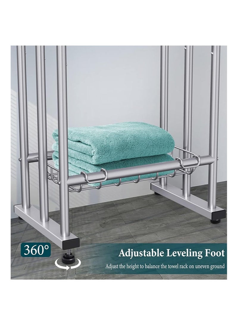 أبوستيم رف مناشف حمام قائم بذاته بارتفاع 101 سم، رف مناشف قائم على الأرض بثلاث طبقات مع سلة تخزين، ودرج لتجفيف البطانيات ورف عرض لمناشف الحمام الكبيرة ومناشف اليد، بجانب حمام السباحة الخارجي (فضي) - Image 5