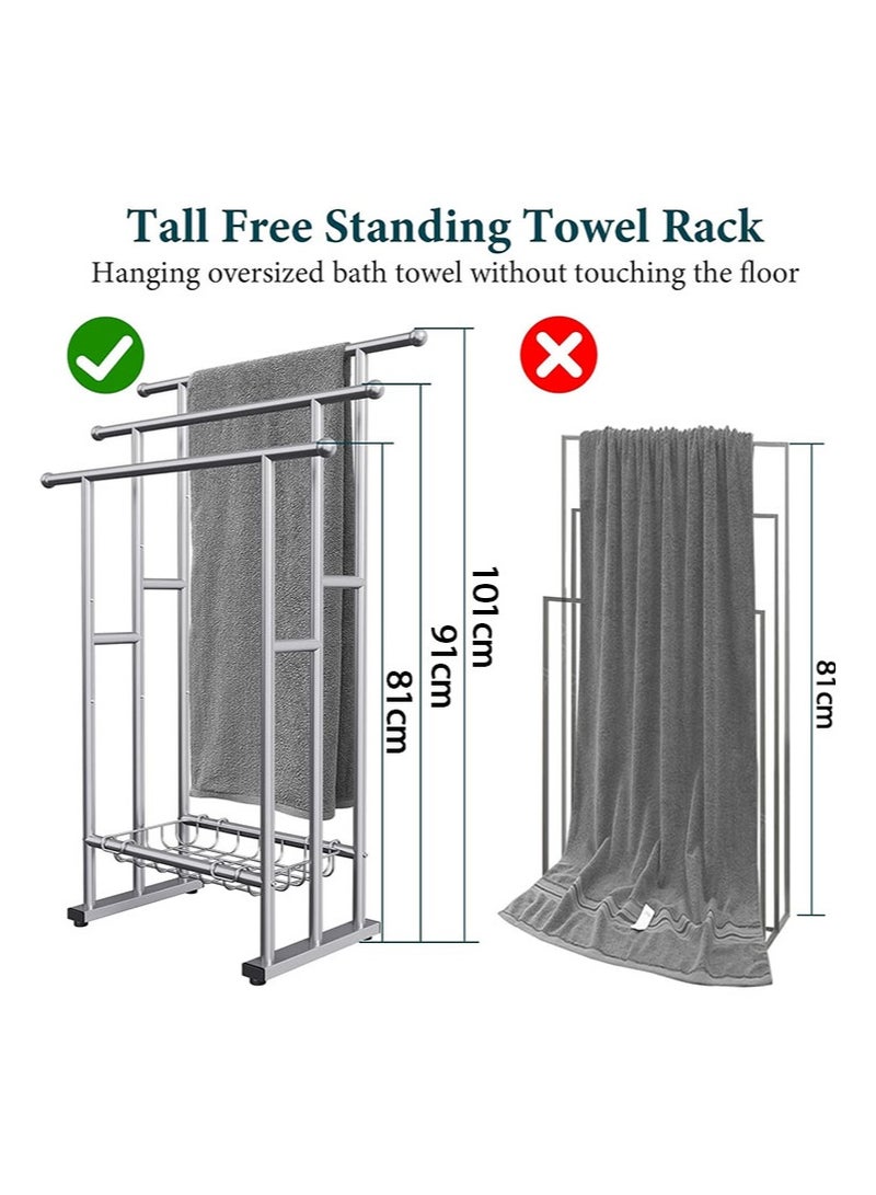 أبوستيم رف مناشف حمام قائم بذاته بارتفاع 101 سم، رف مناشف قائم على الأرض بثلاث طبقات مع سلة تخزين، ودرج لتجفيف البطانيات ورف عرض لمناشف الحمام الكبيرة ومناشف اليد، بجانب حمام السباحة الخارجي (فضي) - Image 2