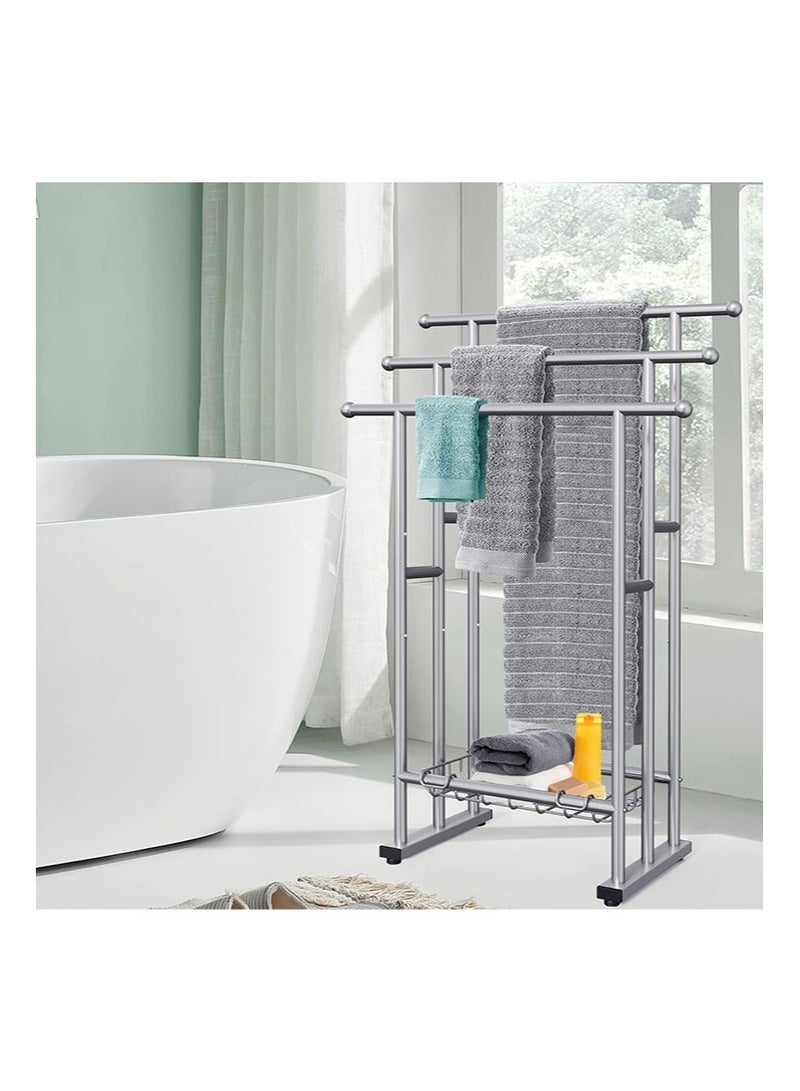 أبوستيم رف مناشف حمام قائم بذاته بارتفاع 101 سم، رف مناشف قائم على الأرض بثلاث طبقات مع سلة تخزين، ودرج لتجفيف البطانيات ورف عرض لمناشف الحمام الكبيرة ومناشف اليد، بجانب حمام السباحة الخارجي (فضي) - Image 3