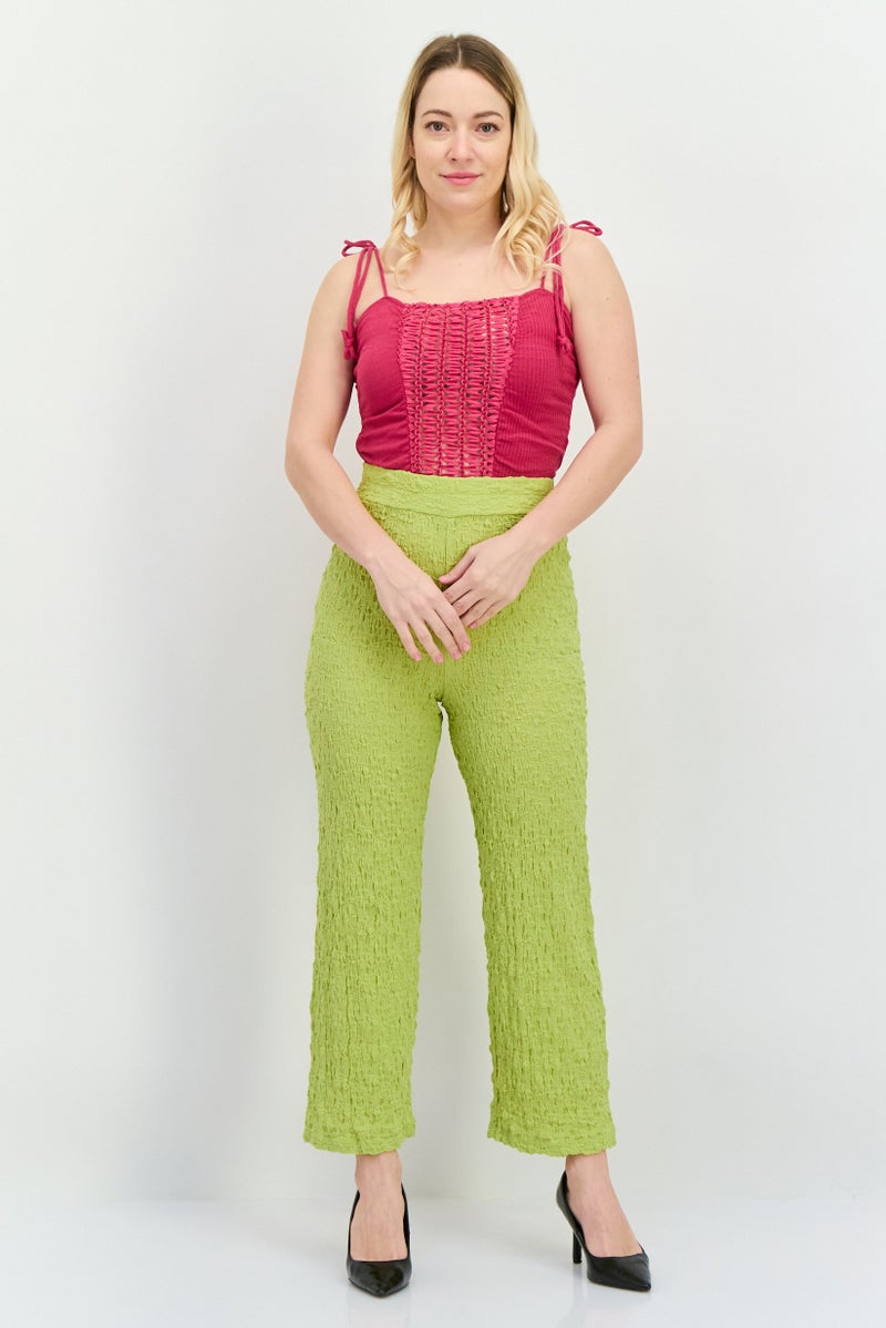 MANGO Women Regular Fit Wide Leg Textured Palazzo Pants, Lime Green - Image 4