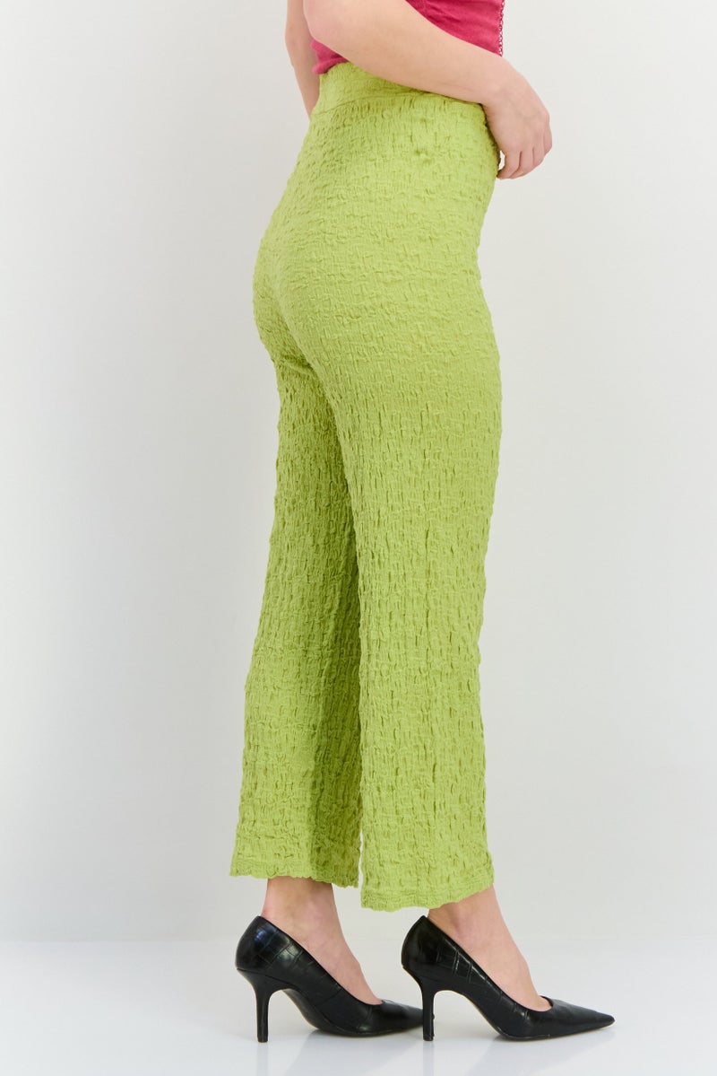 MANGO Women Regular Fit Wide Leg Textured Palazzo Pants, Lime Green - Image 2