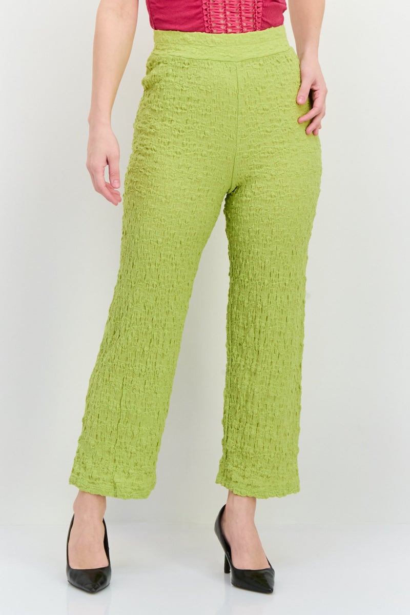 MANGO Women Regular Fit Wide Leg Textured Palazzo Pants, Lime Green  - Image 1
