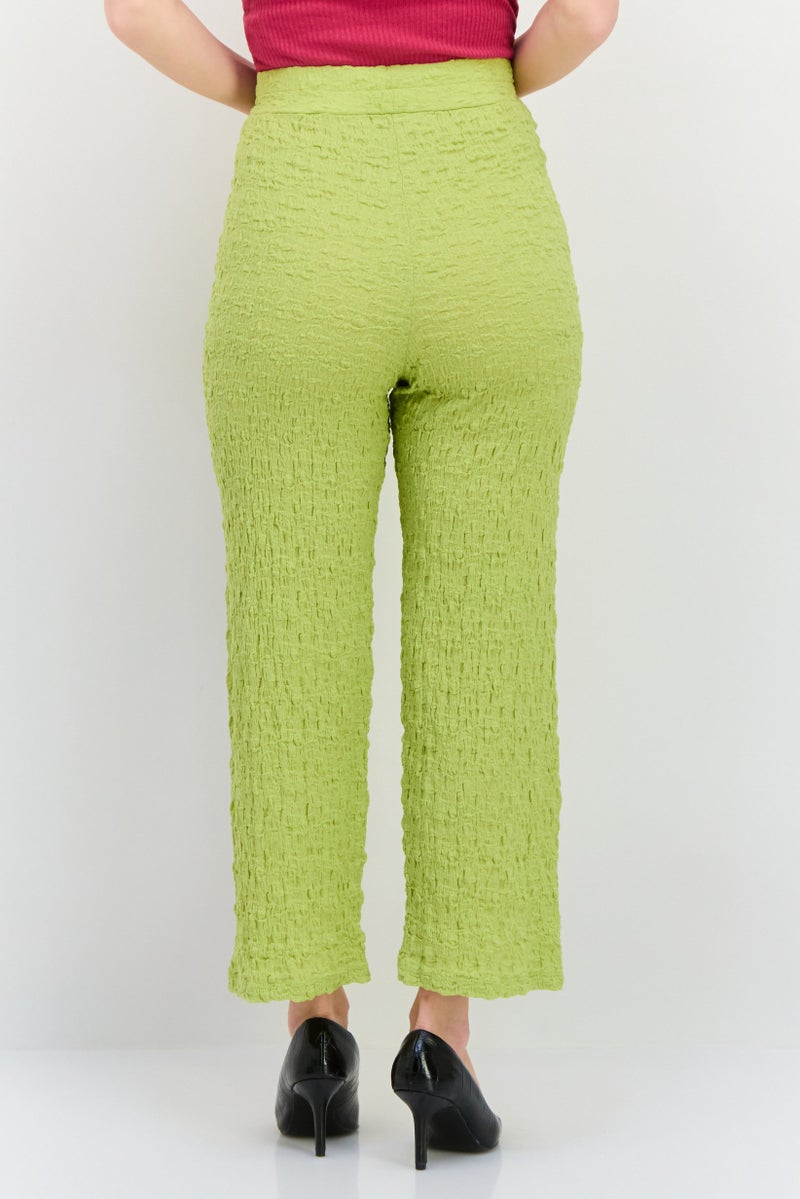MANGO Women Regular Fit Wide Leg Textured Palazzo Pants, Lime Green  - Image 3