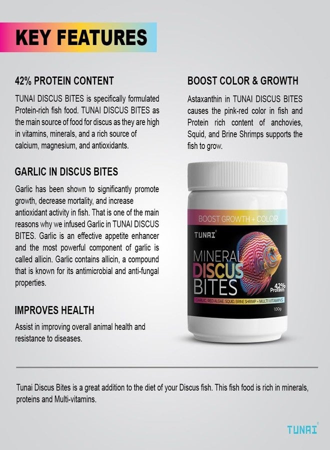 TUNAI Discus Bites Special Fish Food for All Types of Discus Varieties, Boost Color + Growth, Has The Benefits of Garlic, Red Algae, Brine Shrimp. (100g, Discus Bites with Garlic) - Image 2