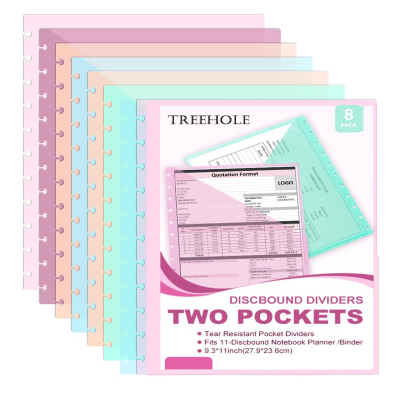 Treehole 8 PCS Discbound Dividers Letter Size Disc Planner 2 Pocket Fit Letter Size 8.5" x 11" Paper Notebook with Pockets 11 Disc Folder for Office Home School (8) - Image 1