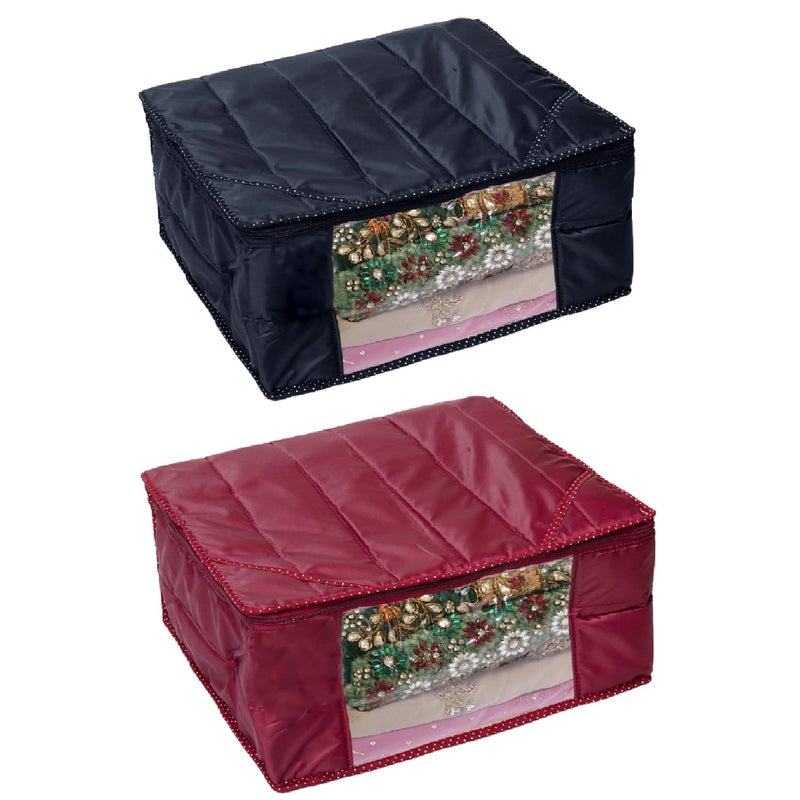 ShubhKraft ShubhKraft Parachute Quilted Saree CoversClothes Storage BagWardrobe Organizer With Transparent Window And Zip For Lehenga Suit Dress Water Resistant Pack of 2 Black Maroon - Image 1