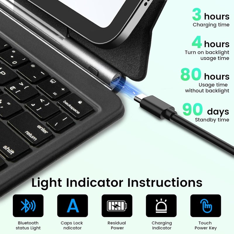 حافظة مغناطيسية مع لوحة مفاتيح عربية لجهاز Samsung Galaxy Tab S7/S8/S9/S9 FE، حافظة لوحة مفاتيح مقاس 11 بوصة من سامسونج، لوحة لمس دقيقة، إضاءة خلفية بـ 7 ألوان - أسود - Image 4