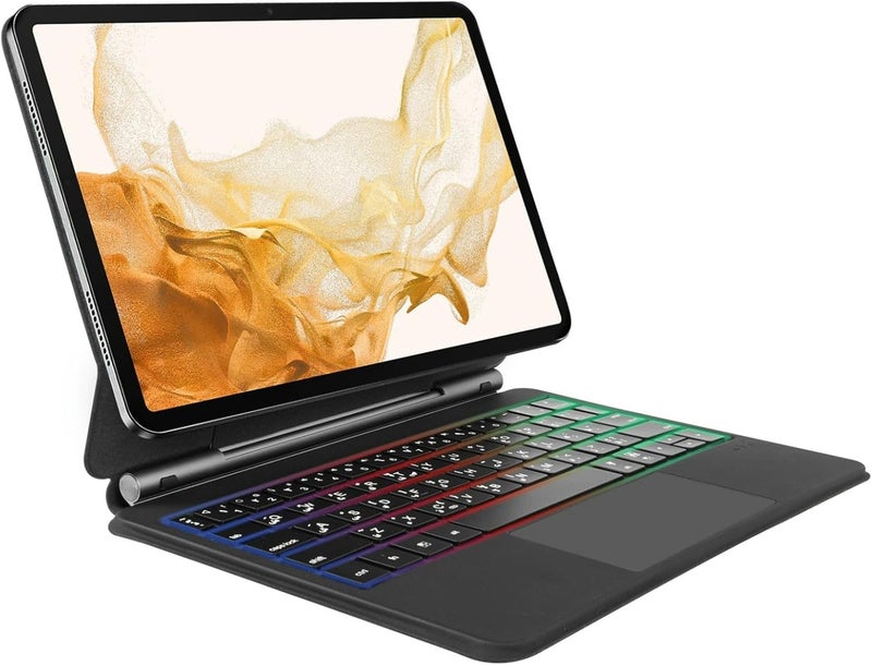 حافظة مغناطيسية مع لوحة مفاتيح عربية لجهاز Samsung Galaxy Tab S7/S8/S9/S9 FE، حافظة لوحة مفاتيح مقاس 11 بوصة من سامسونج، لوحة لمس دقيقة، إضاءة خلفية بـ 7 ألوان - أسود - Image 1