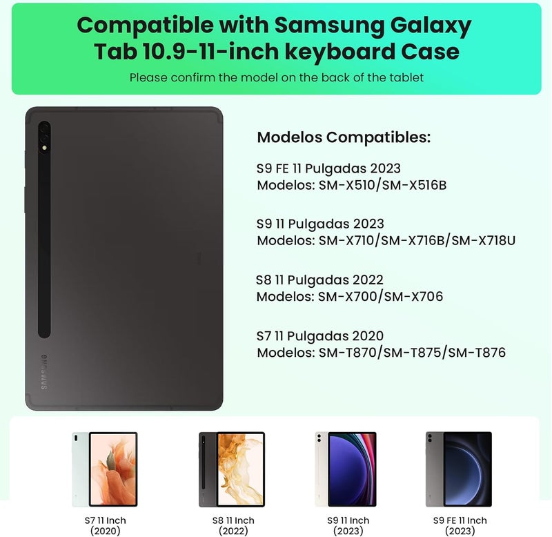 حافظة مغناطيسية مع لوحة مفاتيح عربية لجهاز Samsung Galaxy Tab S7/S8/S9/S9 FE، حافظة لوحة مفاتيح مقاس 11 بوصة من سامسونج، لوحة لمس دقيقة، إضاءة خلفية بـ 7 ألوان - أسود - Image 2