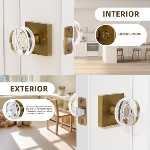 naubea Antique Brass Door Knobs Glass Door Knobs Interior Passage Door Knob Crystal Interior Door Knob for Closet and Hallway - Image 3