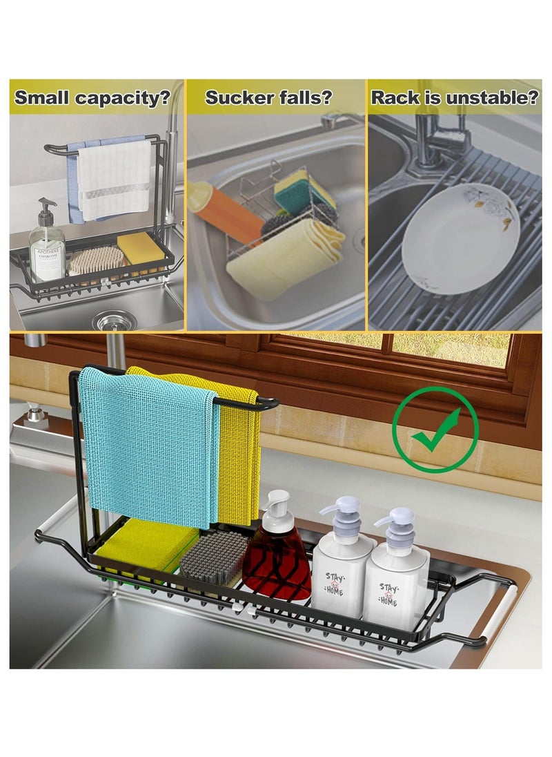 XiuWoo - 2 in 1 Extendable Stainless Steel Sink Caddy, Sponge Holder, kitchen Sink Rack, Over the Sink Strainer Basket, Telescopic Sink Storage Rack, Dishcloth Towel Storage Rack for Soap, Scrubber Brush - Image 1