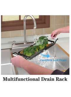 XiuWoo 2 in 1 Extendable Stainless Steel Sink Caddy, Sponge Holder, kitchen Sink Rack, Over the Sink Strainer Basket, Telescopic Sink Storage Rack, Dishcloth Towel Storage Rack for Soap, Scrubber Brush  - Image 5