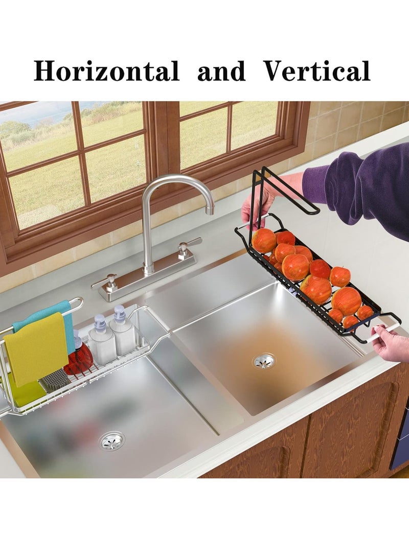 XiuWoo - 2 in 1 Extendable Stainless Steel Sink Caddy, Sponge Holder, kitchen Sink Rack, Over the Sink Strainer Basket, Telescopic Sink Storage Rack, Dishcloth Towel Storage Rack for Soap, Scrubber Brush - Image 1
