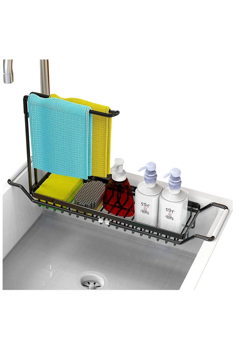 XiuWoo - 2 in 1 Extendable Stainless Steel Sink Caddy, Sponge Holder, kitchen Sink Rack, Over the Sink Strainer Basket, Telescopic Sink Storage Rack, Dishcloth Towel Storage Rack for Soap, Scrubber Brush - Image 1