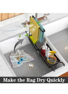 XiuWoo 2 in 1 Extendable Stainless Steel Sink Caddy, Sponge Holder, kitchen Sink Rack, Over the Sink Strainer Basket, Telescopic Sink Storage Rack, Dishcloth Towel Storage Rack for Soap, Scrubber Brush  - Image 3