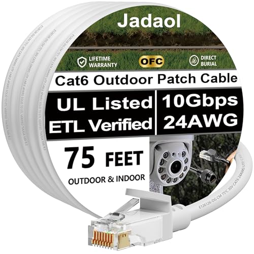 Jadaol Cat 6 Outdoor Ethernet Cable 75 ft (22.86m), Support Cat8/7 Network, 10Gbps 550MHz, 24AWG Pure Copper, Direct Burial Waterproof In-Ground UV Resistant LAN Patch Cable for Router, Modem, Switch, White - Image 1