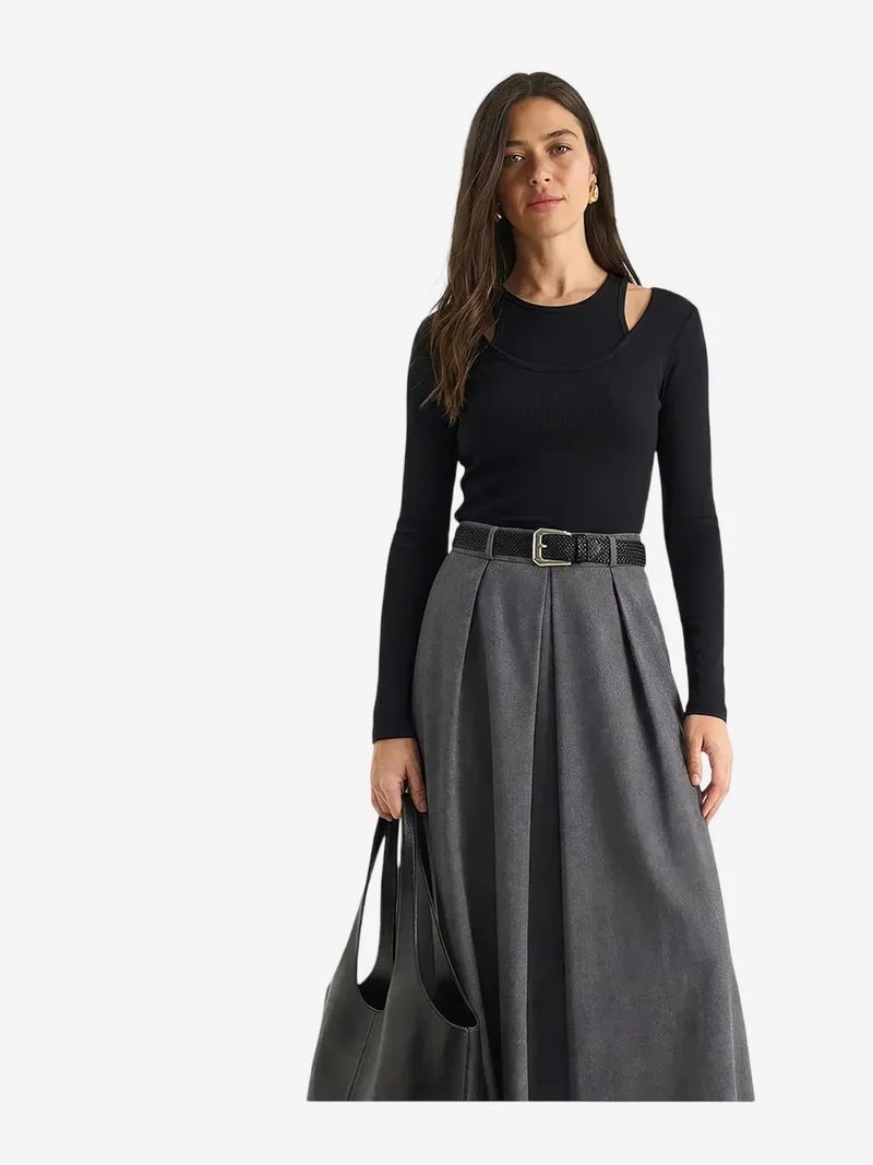 Bianco Lucci Grey LUCCI High Waist Midi Skirt with Belt for Women | Best Price UAE