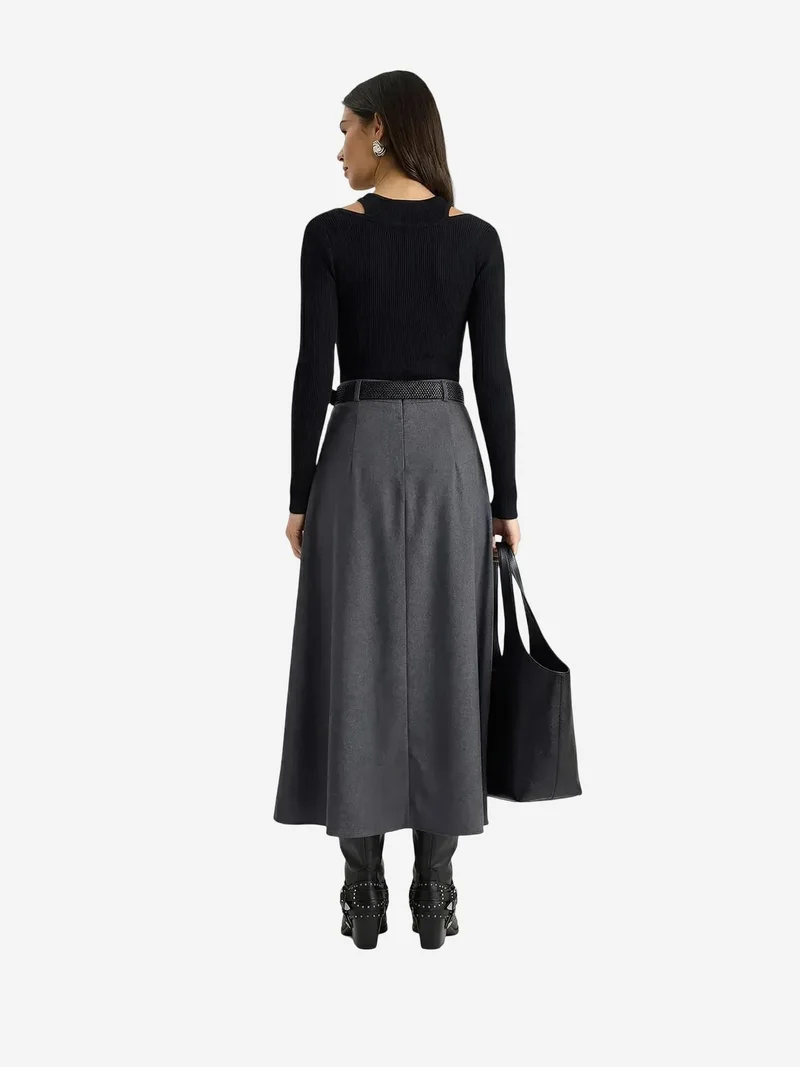 Bianco Lucci Grey LUCCI High Waist Midi Skirt with Belt for Women | Best Price UAE