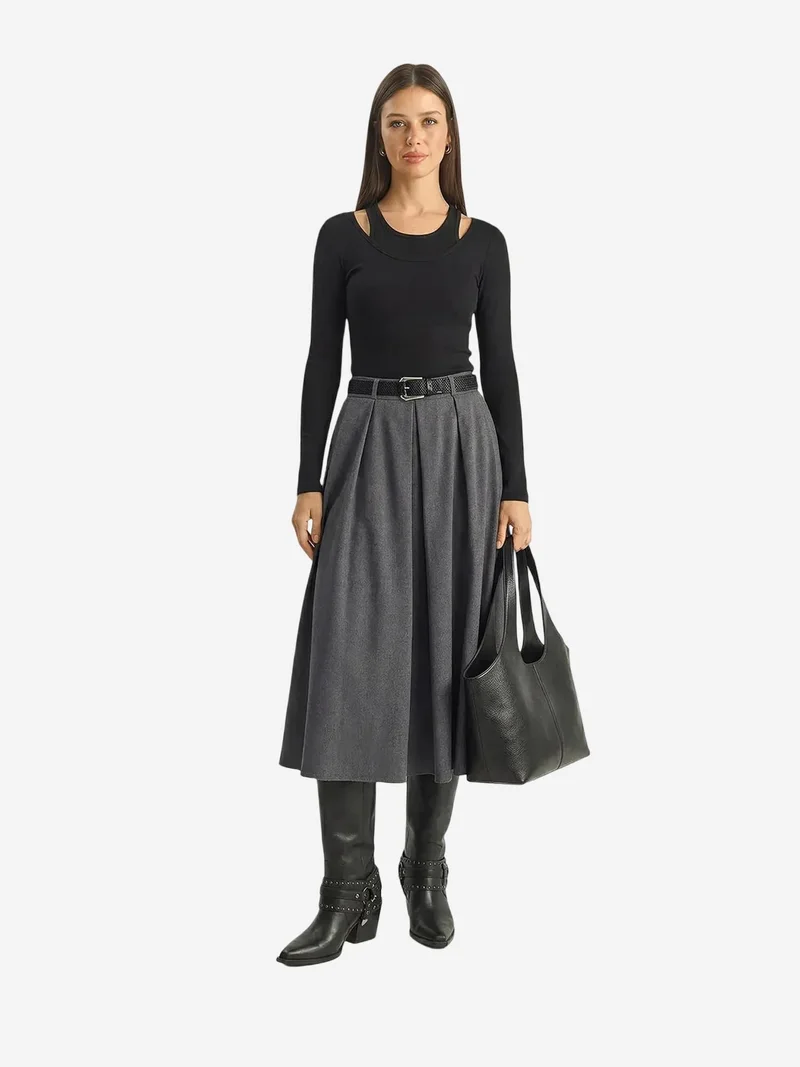 Bianco Lucci Grey LUCCI High Waist Midi Skirt with Belt for Women | Best Price UAE