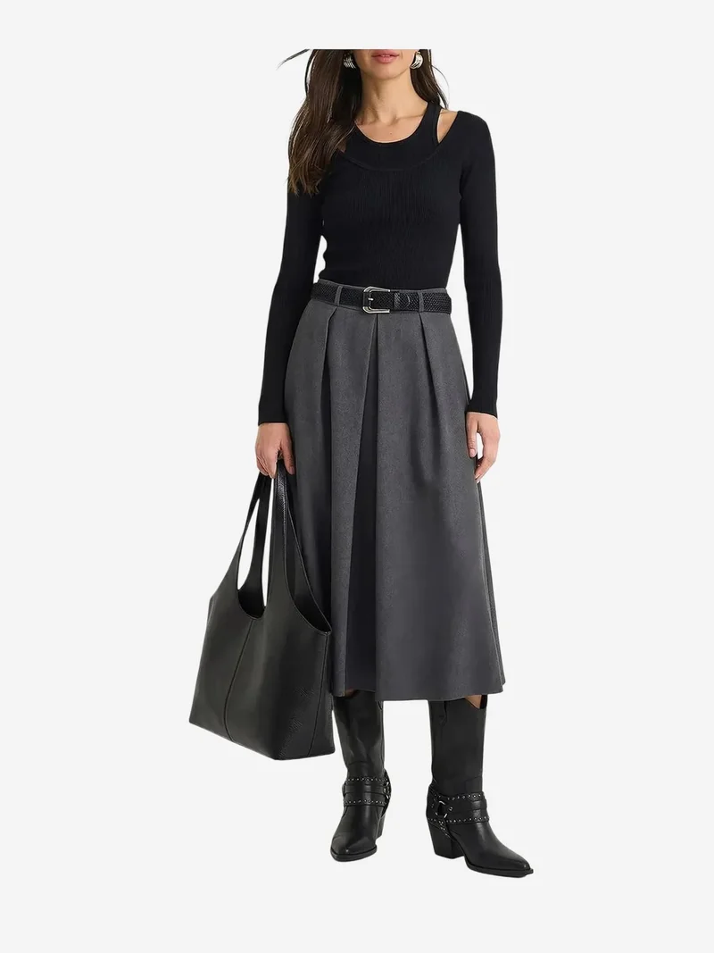 Bianco Lucci Grey LUCCI High Waist Midi Skirt with Belt for Women | Best Price UAE
