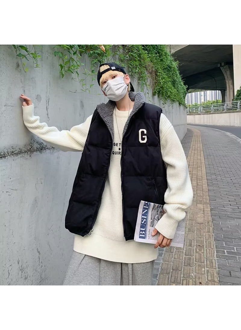 Generic Mens Autumn/winter Loose-fit Trendy Casual Double-sided Wearable Cotton Vestjacket Sheep Velvet Surf Style Hong Kong Fashion Black spell White 