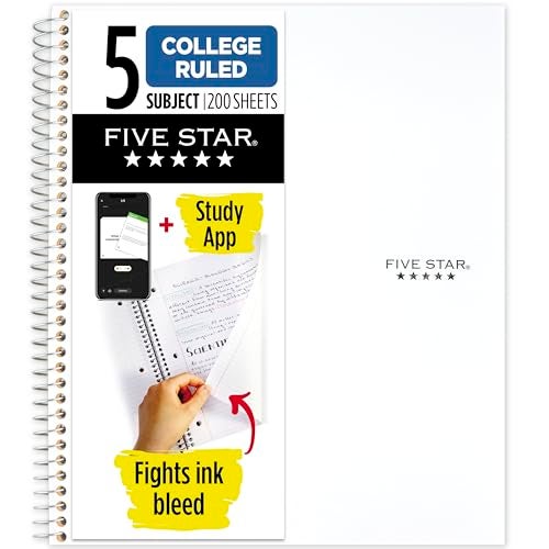 Five Star دفتر ملاحظات فايف ستار الحلزوني + تطبيق الدراسة، 5 مواد، ورق مقاس كليه، 8-1/2" x 11"، 200 ورقة، مقاوم لتسرب الحبر، غلاف مقاوم للماء، أبيض (72460) - Image 1