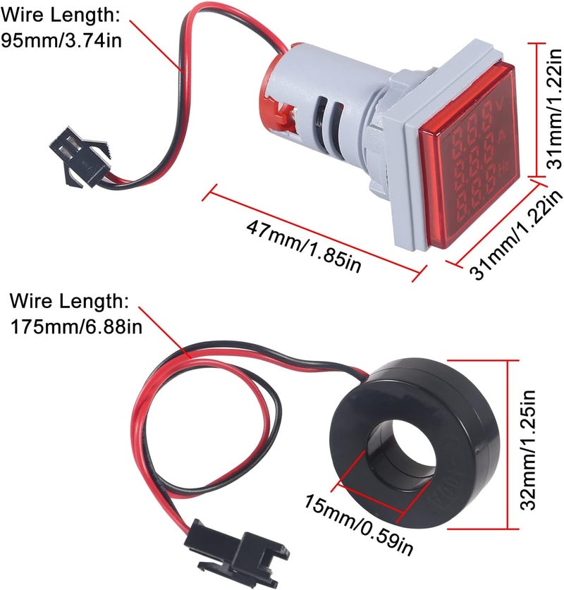AITIAO 2PCS Digital Ammeter Voltmeter AC 60-500V 0-100A, 3 in 1 Multifunction Volt Amp Frequency Meter LED Display Voltage Detector Current Tester Gauge (Red) - Image 4