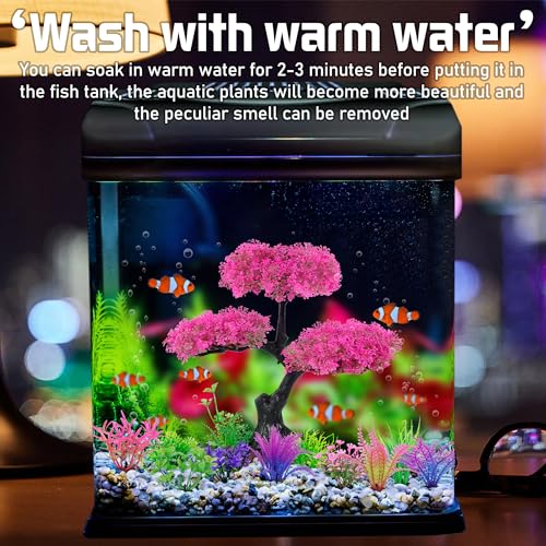 Ameliade Aquarium Artificial Plastic Plants Decoration, Pink Cherry Blossom Tree Aquarium Decor Set, Goldfish Betta Fish Tank Decorations Hides Accessories（Pink - Image 4