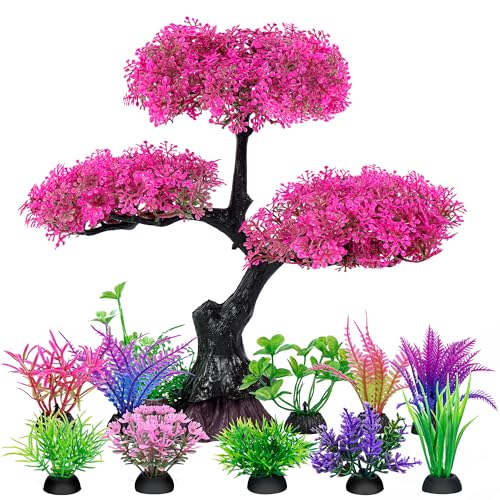 Ameliade Aquarium Artificial Plastic Plants Decoration, Pink Cherry Blossom Tree Aquarium Decor Set, Goldfish Betta Fish Tank Decorations Hides Accessories（Pink - Image 1