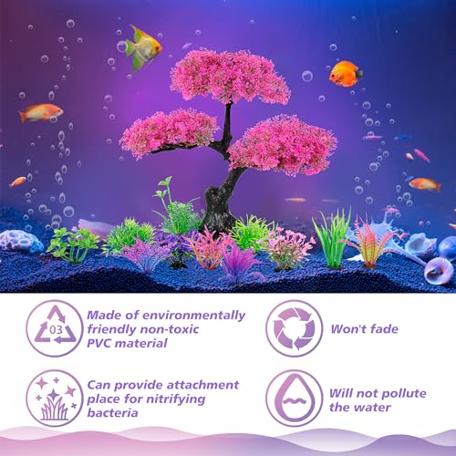 Ameliade Aquarium Artificial Plastic Plants Decoration, Pink Cherry Blossom Tree Aquarium Decor Set, Goldfish Betta Fish Tank Decorations Hides Accessories（Pink - Image 3