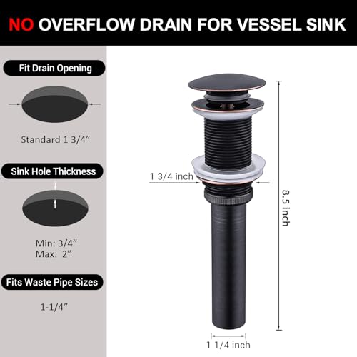 Yodel Faucet Bathroom Sink Drain Without Overflow - Big Cap for Standard 1 3/4" Drain Opening - Pop Up Vessel Sink Drain,Oil Rubbed Bronze - Image 5
