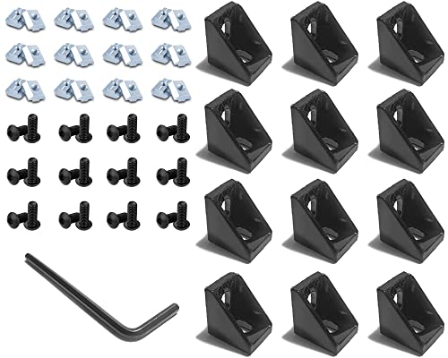 QIJINTRID 12Sets 2020 Series Aluminum Extrusion Black Connectors,12 pcs 2020 Aluminum Profile Corner Brackets,with 24 pcs Sliding T Nuts and Screws for 2020 Extrusion Extrusion Profile Accessories - Image 1